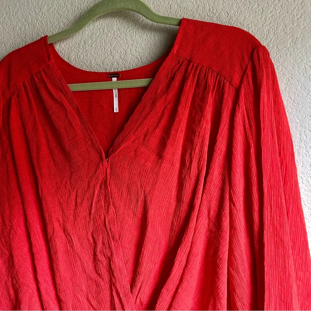 Free People Check On It Wrap Crinkle Crepe Blouse Top in Flame Red, size M